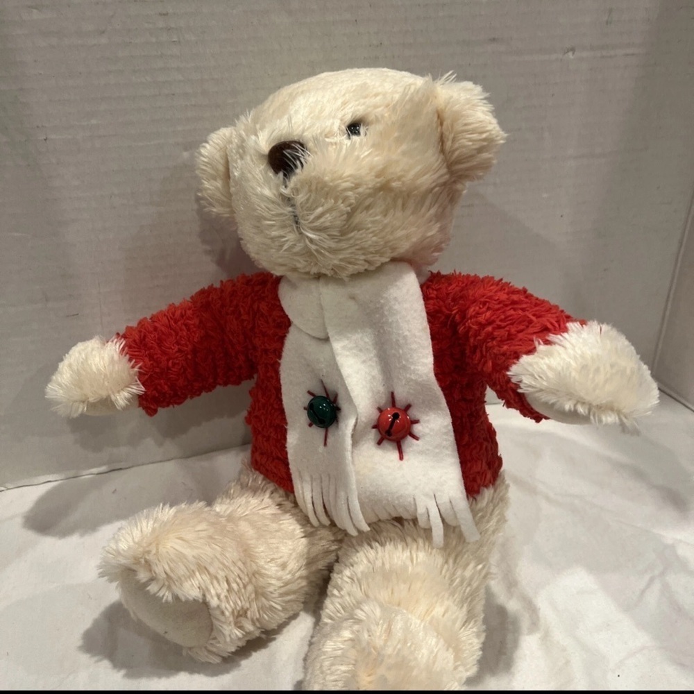 Vintage Hallmark Jingle Bear Musical Plush Christmas Teddy Red Sweater Scarf